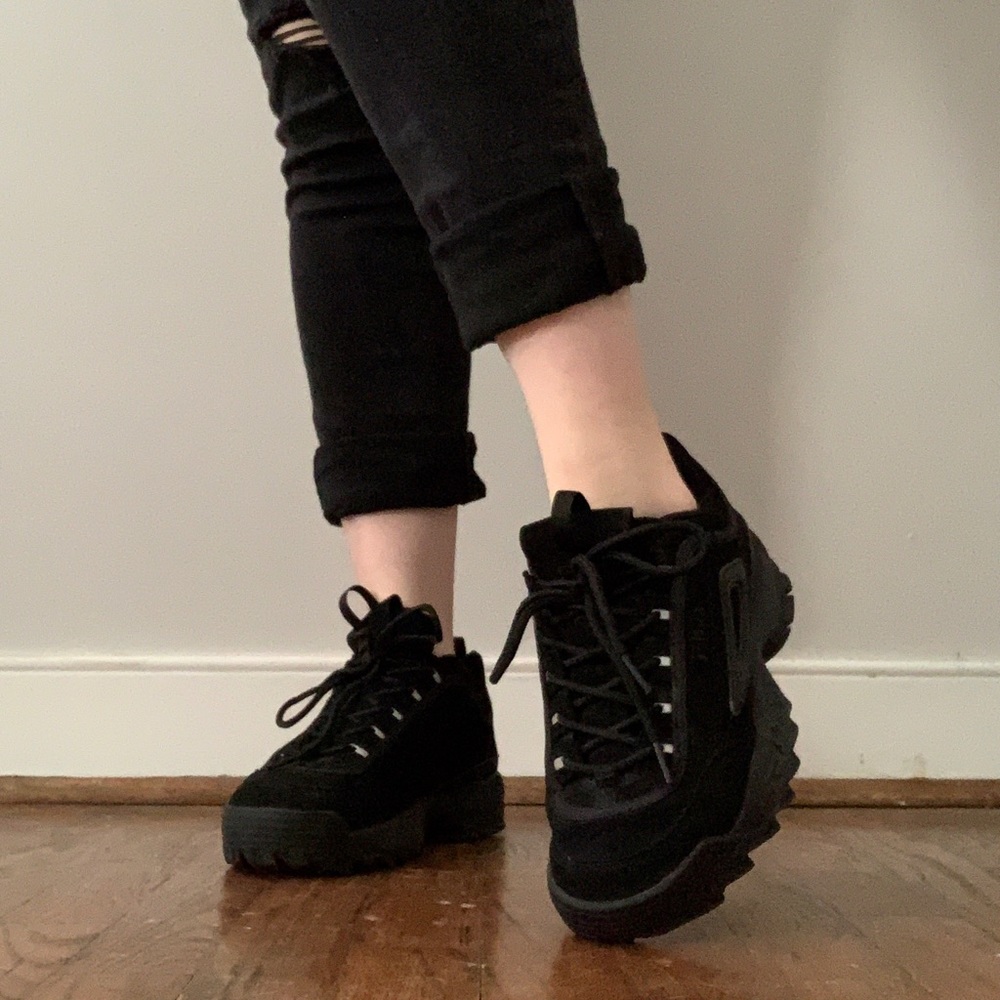 All Black Faux Suede Fila Disruptor II
